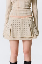 Beige - Studded Pleated Mini Skirt - 2