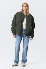 Dark Khaki Green - Oversized Twill Bomber Jacket - 0