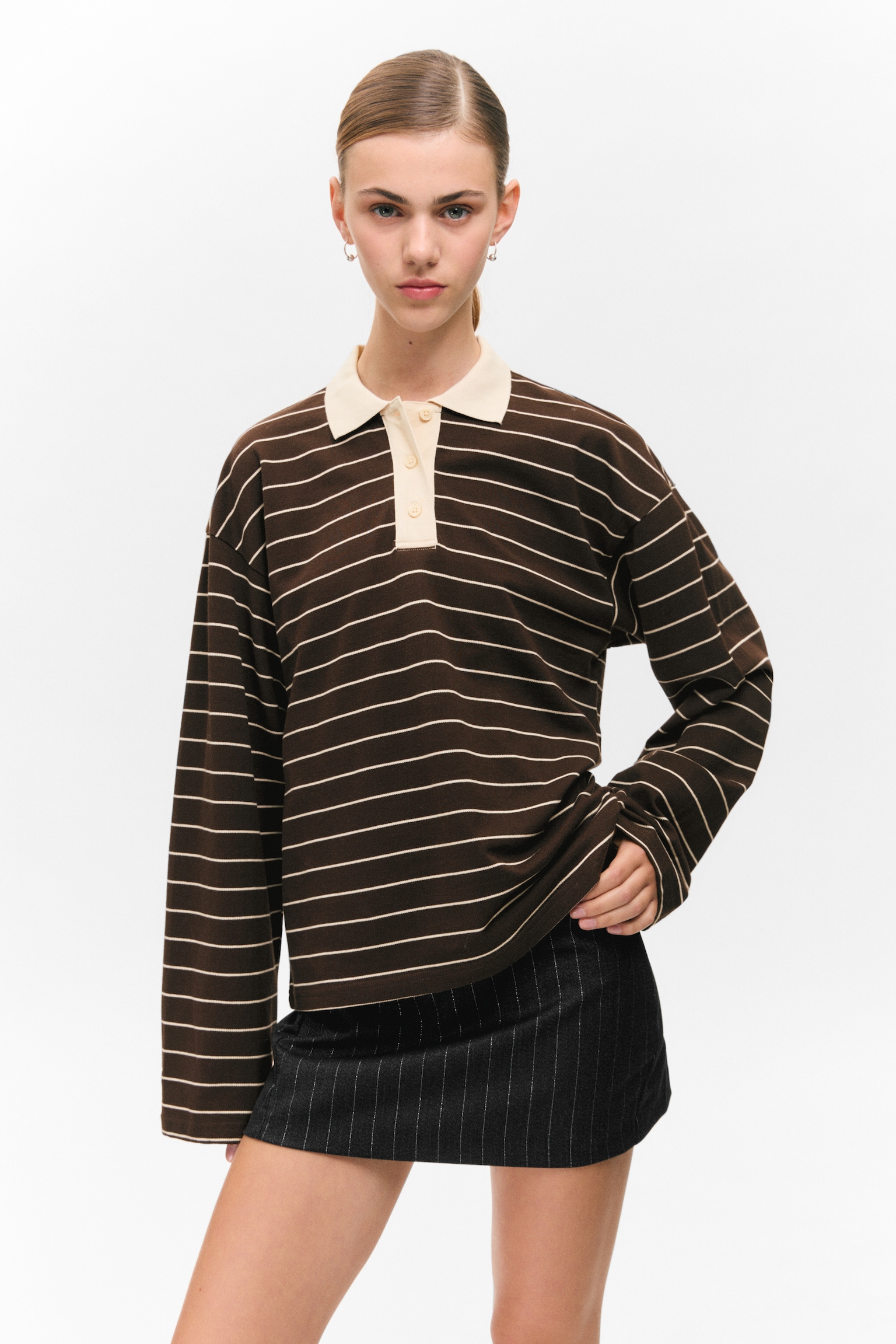 Langärmliges Poloshirt aus Baumwolle - Dunkelbraun gestreift/Dunkle Pflaume - Rosa Streifen/Hellrosa gestreift/Weiß - Schwarze Punkte