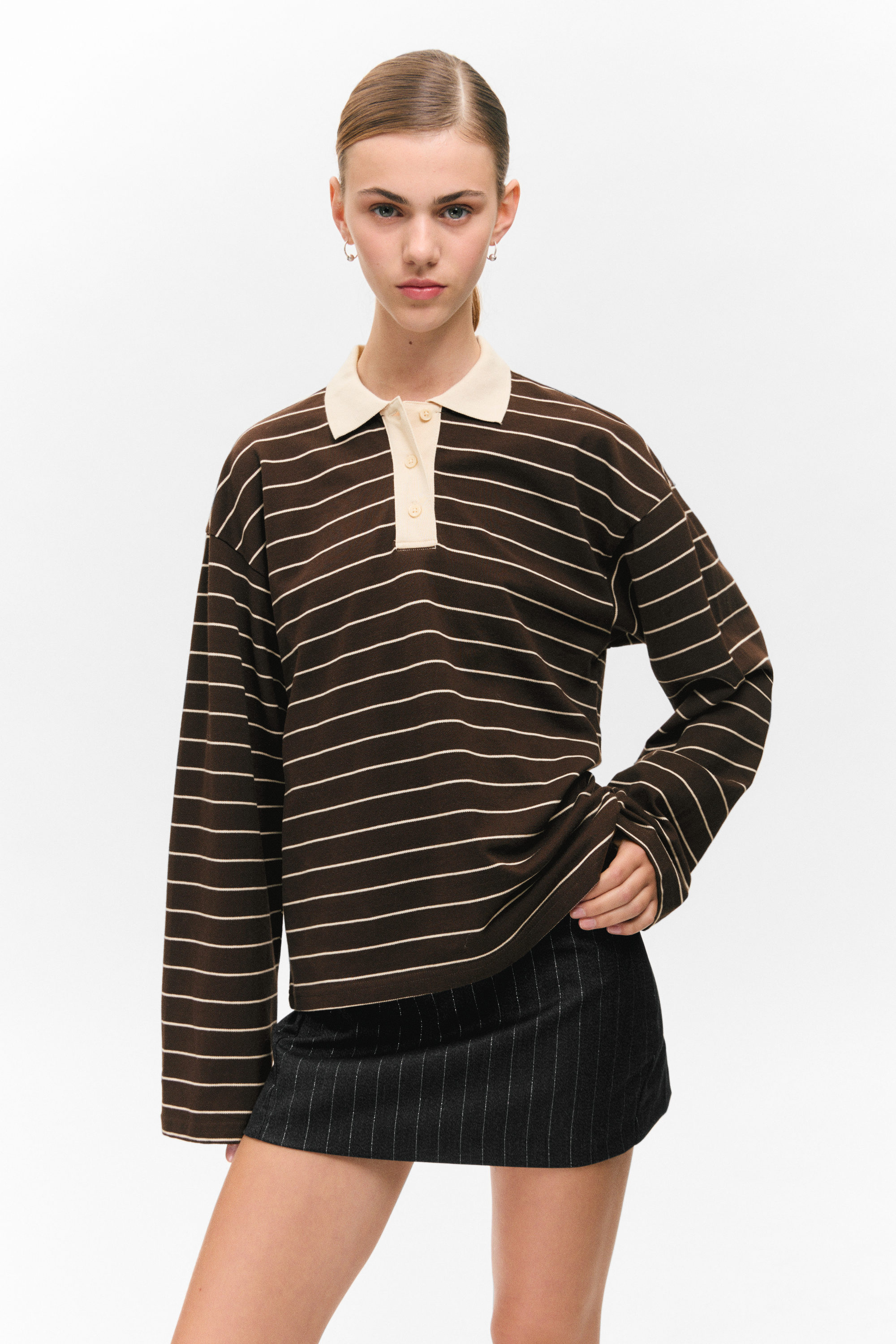 Striped Dark Brown - Long-Sleeved Cotton Polo Top - 1
