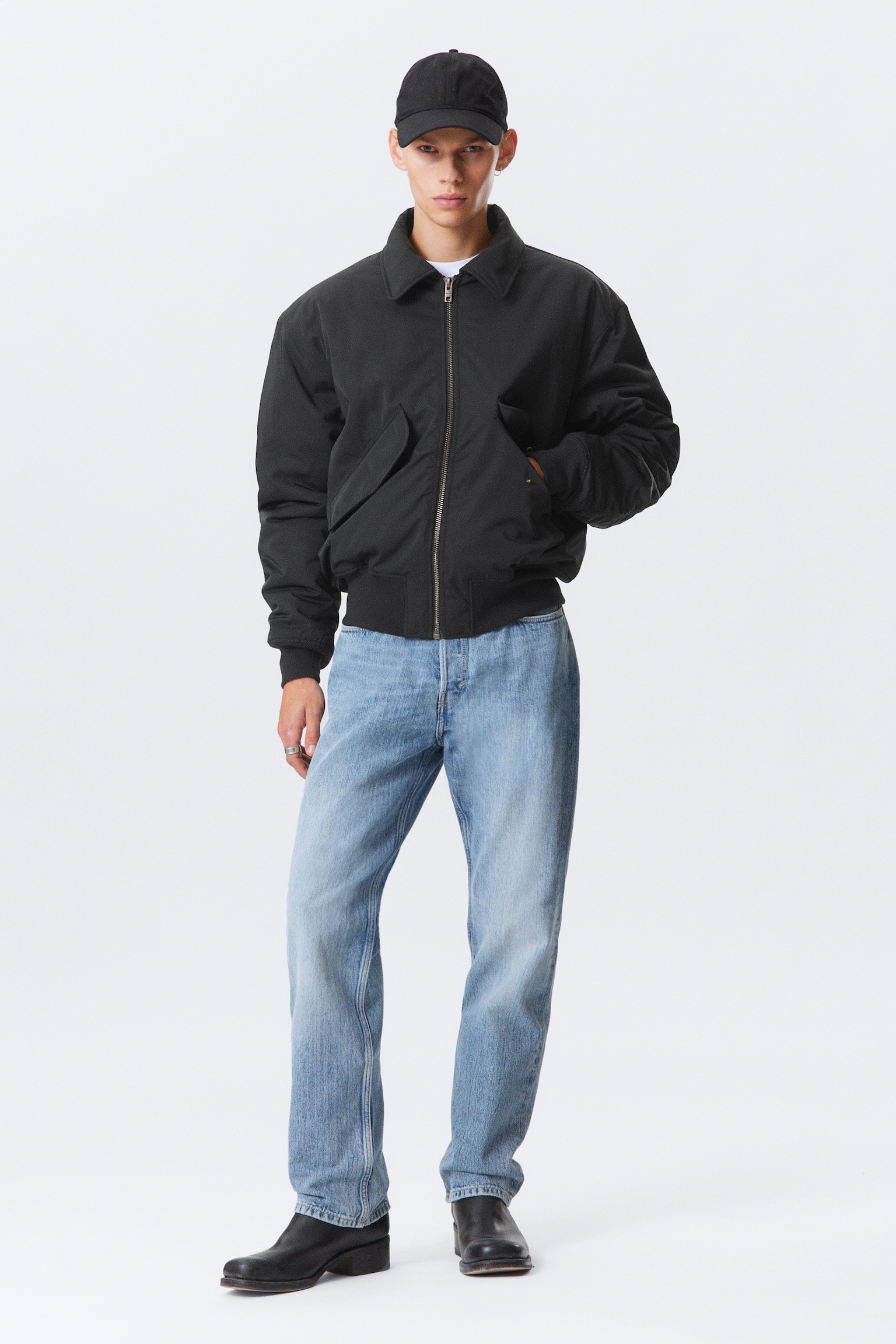 Blouson aviateur matelassé en sergé - Noir/Vert olive poudré - 4
