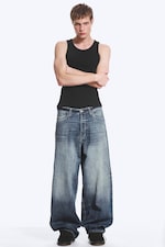 Board Blue - Medium Blue - Astro Mid Rise Loose Baggy Unisex Jeans - 0