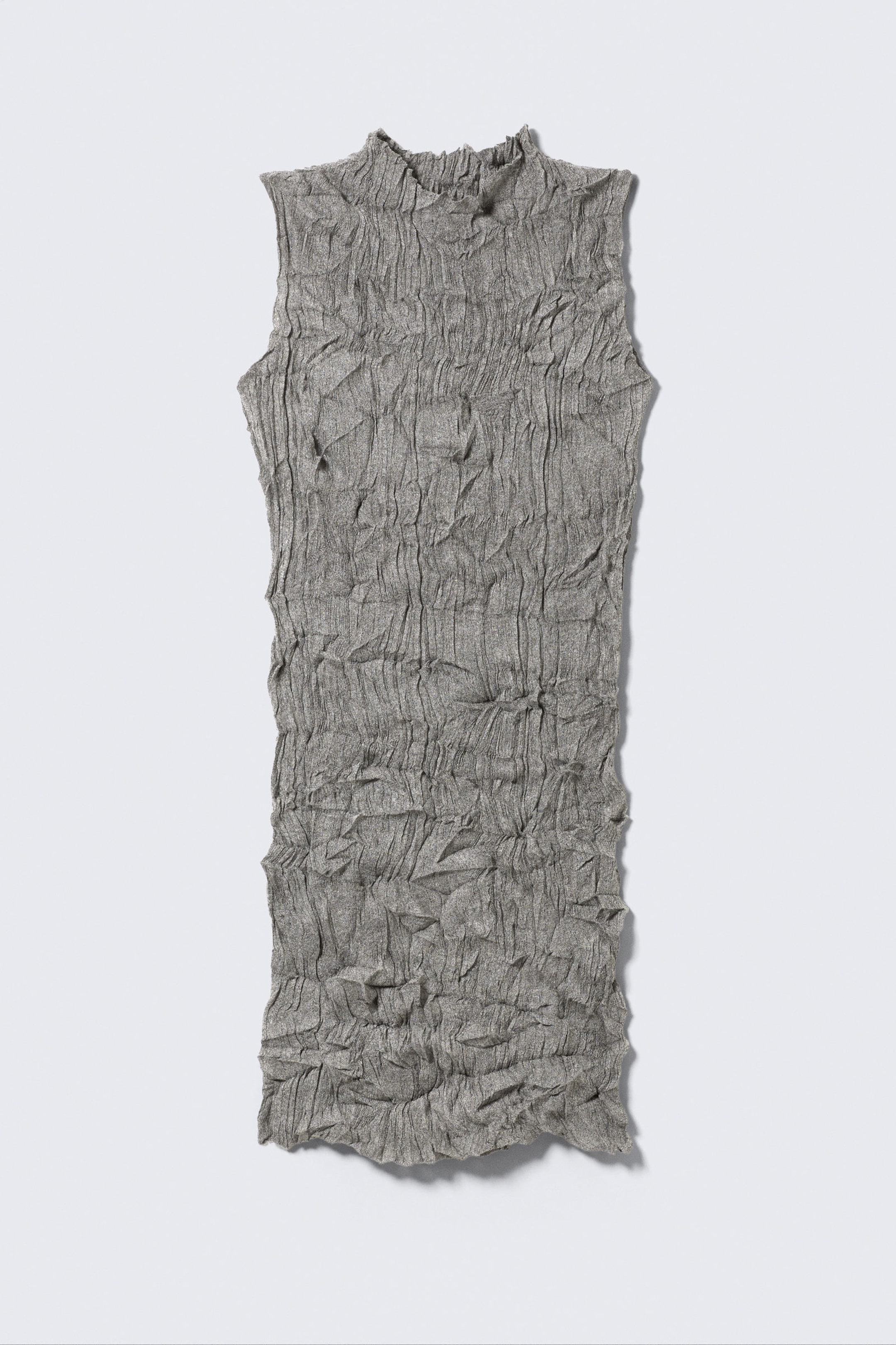 Grey Melange - Knitted Crinkled Sleeveless Mini Dress - 4