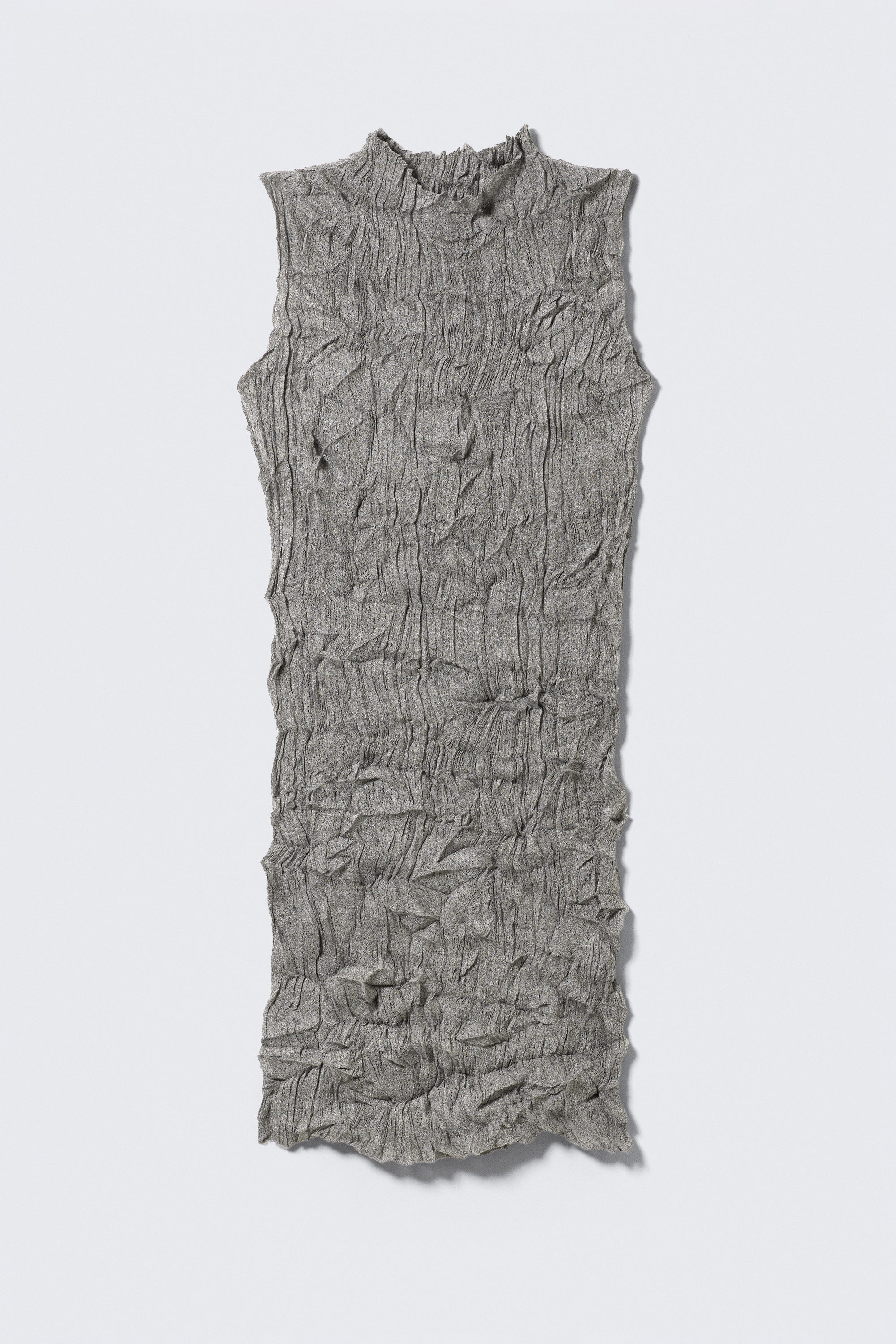 Grey Melange - Knitted Crinkled Sleeveless Mini Dress - 1