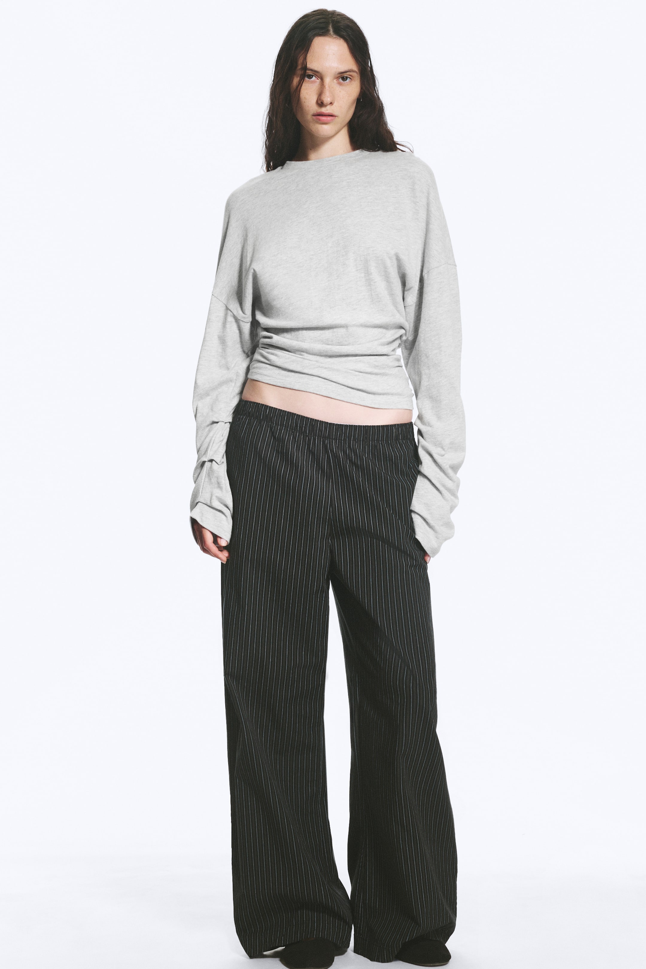 View larger image: Pleated Long-Sleeved Top - Light Grey Melange - Ladies | H&M GB 1