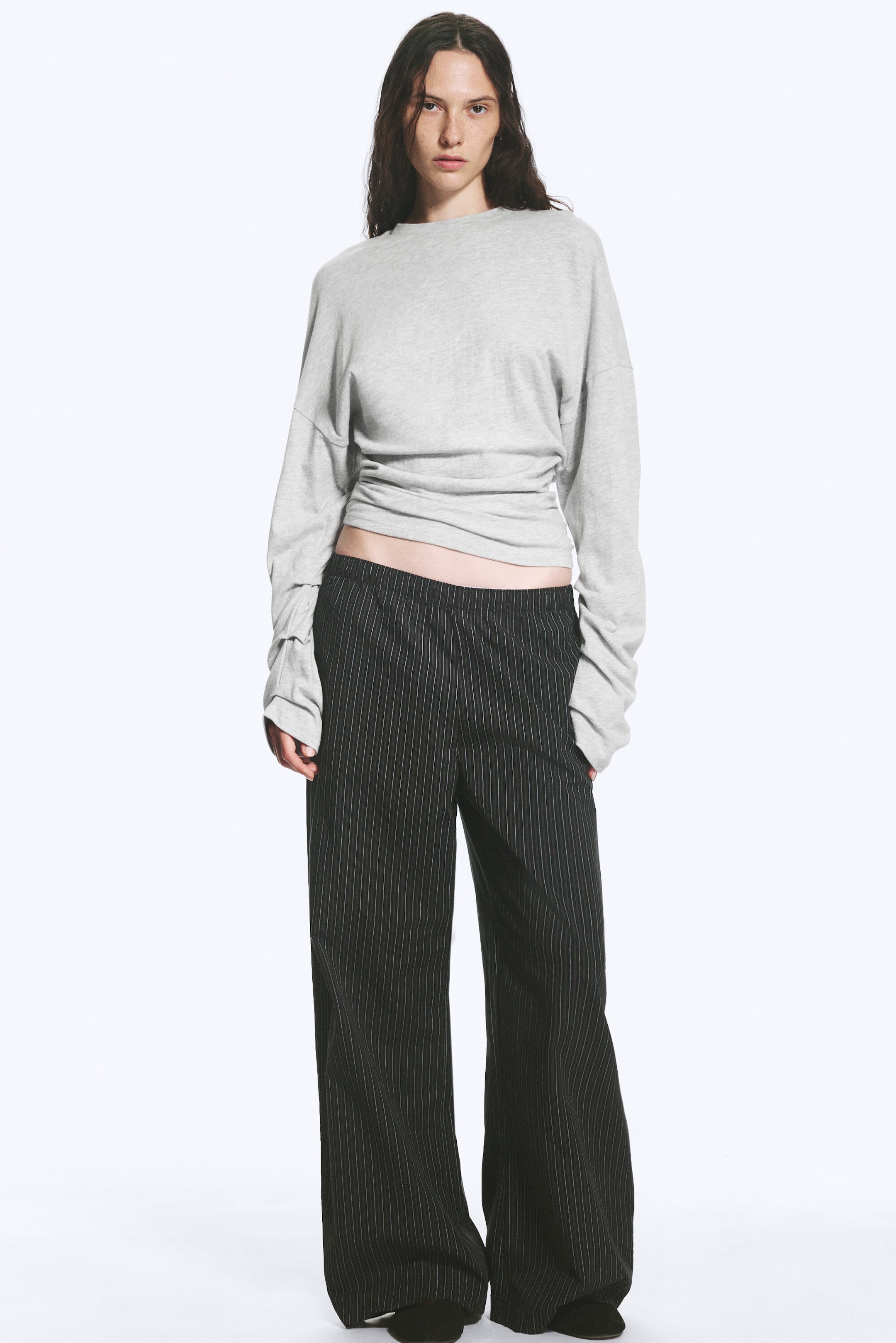 Light Grey Melange - Pleated Long-Sleeved Top - 2