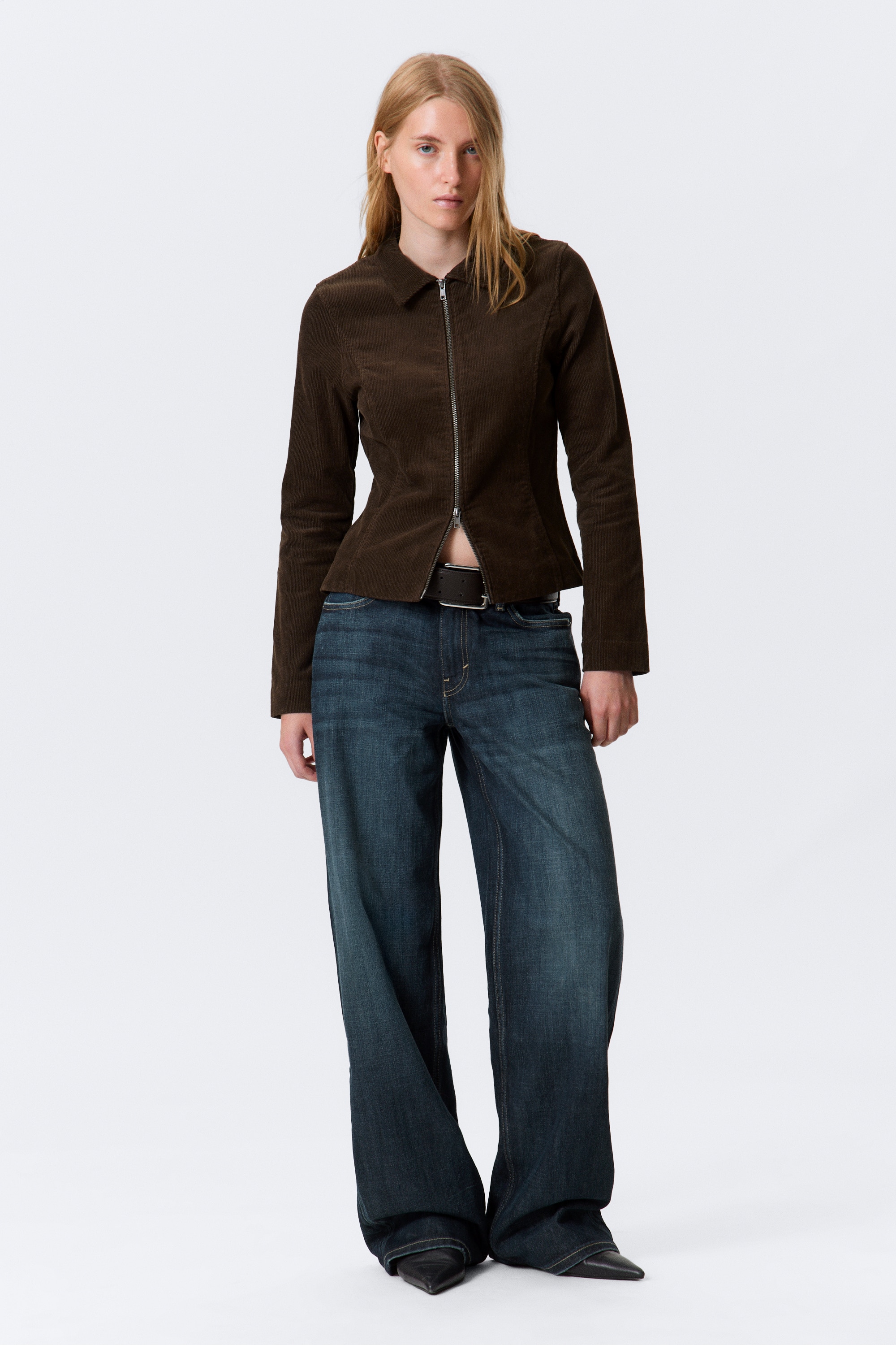 Formet kordfløyelsjakke med glidelås - Brun kordfløyel/Stripet mørkegrå