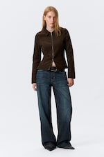 Brown Corduroy - Fitted Corduroy Zip-Up Jacket - 0