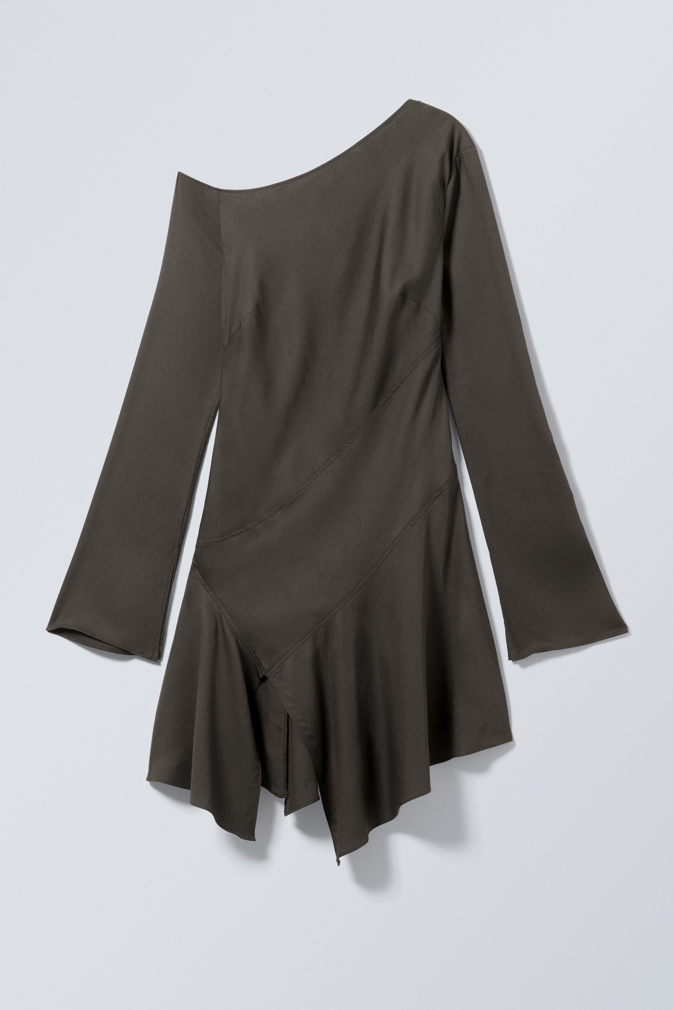 Dark Grey - Long-Sleeved Asymmetric Mini Dress - 1