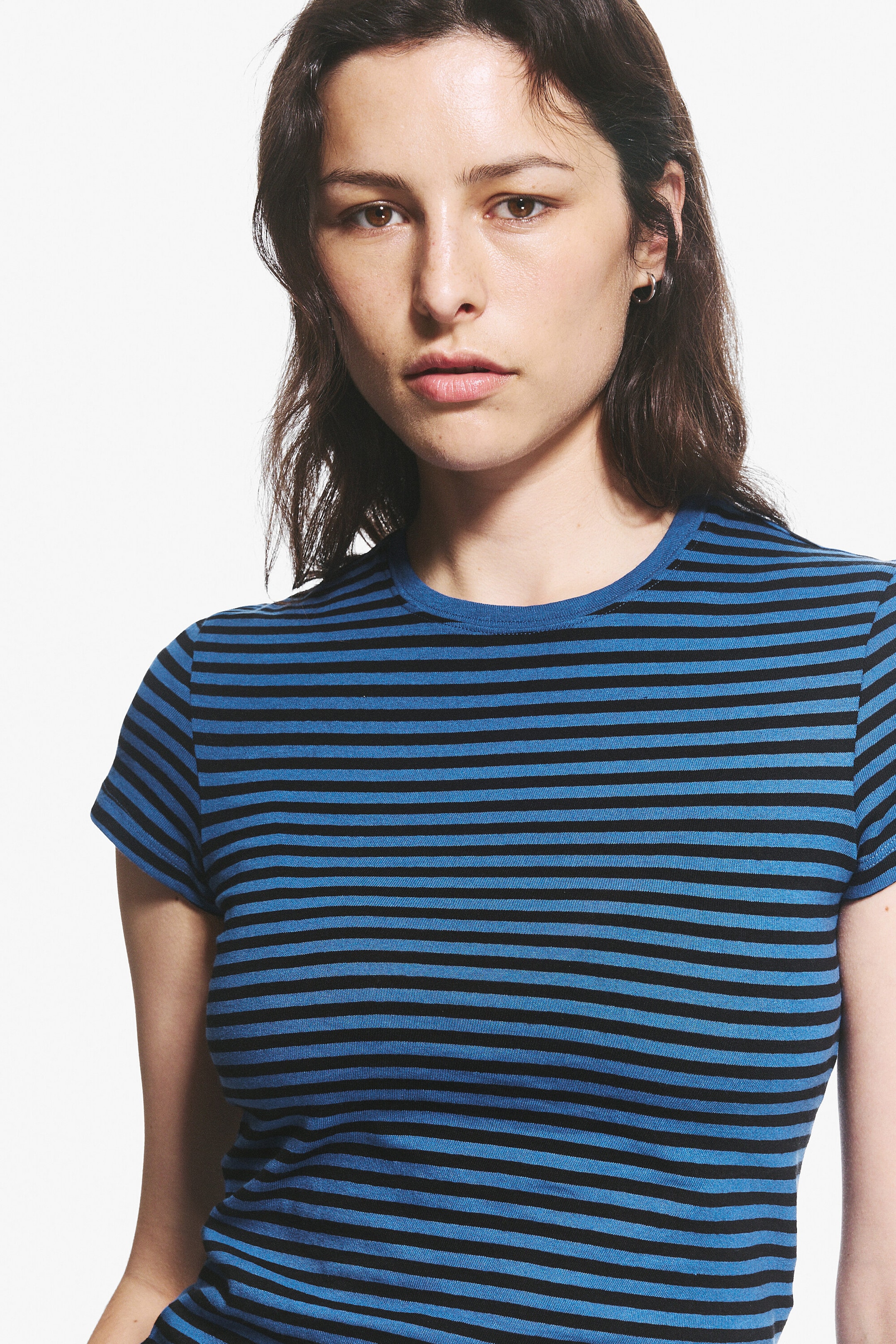 Blue - Black Stripe - Slim Short-Sleeved Cotton T-shirt - 2