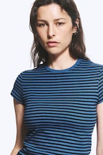 Blue - Black Stripe - Slim Short-Sleeved Cotton T-shirt - 1