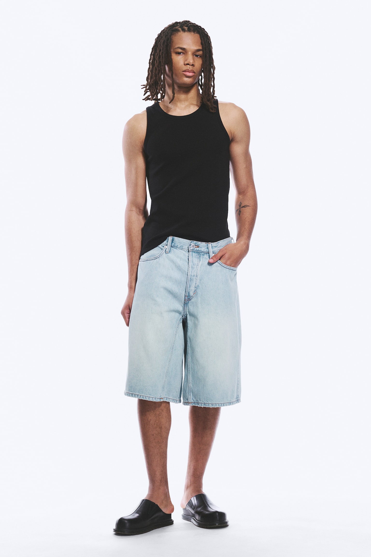 Дънкови Шорти С Средна Талия, Свободна Кройка И Оформящи Шевове - Мечтано Синьо - Светло Синьо - 1