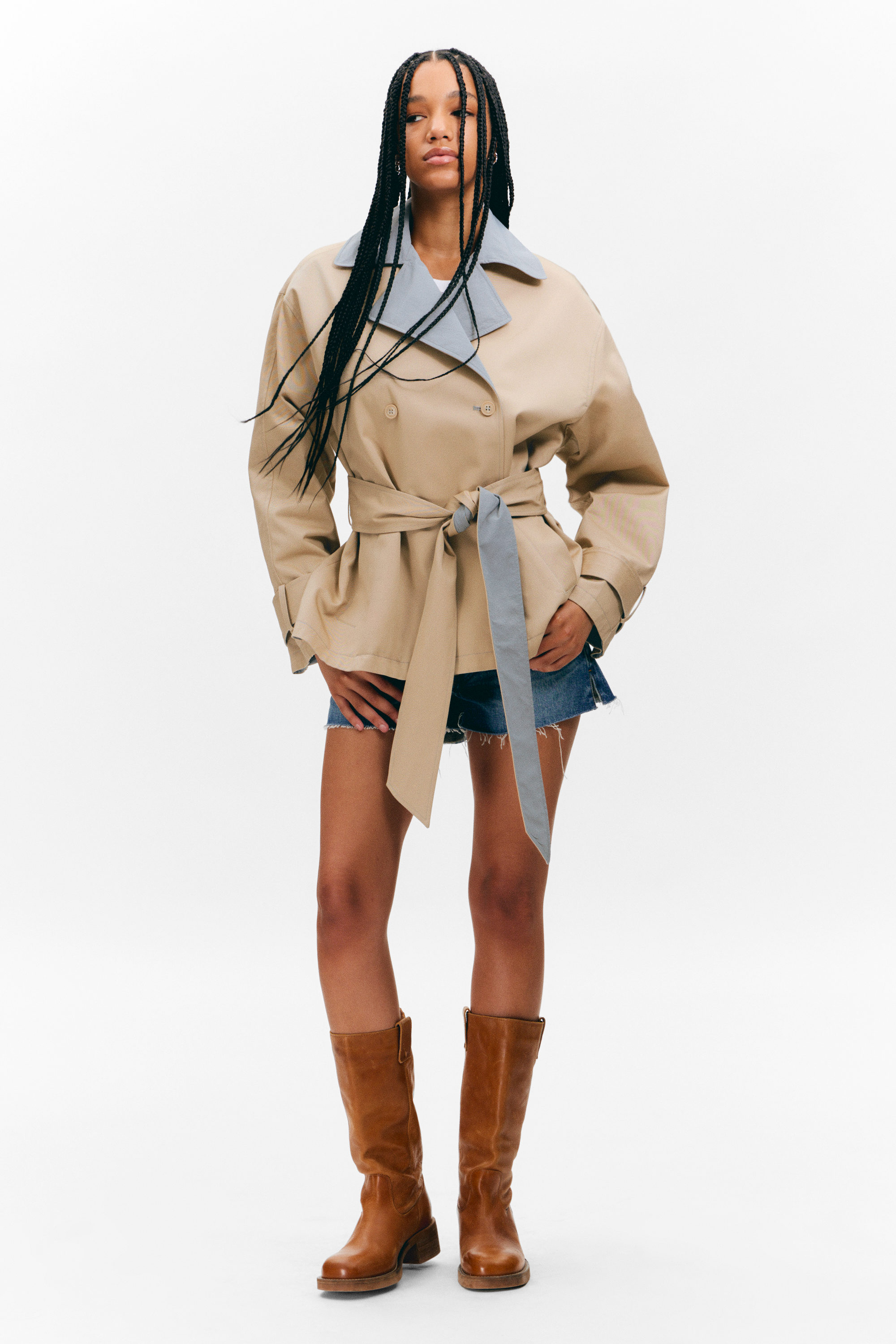 Beige & Light Grey - Short Double-Breasted Reversible Trench Coat - 1