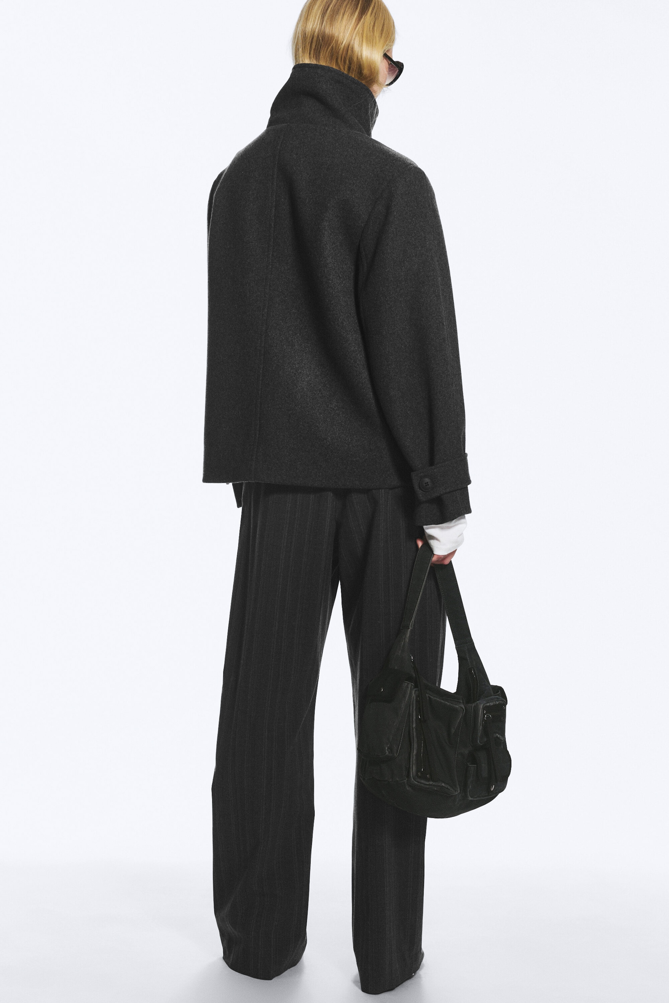 Dark Grey Melange - Funnel collar wool-blend jacket - 5