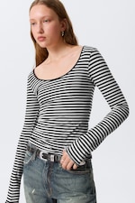 Black & White Stripes - Long-Sleeved Slim Fit Scoop Neck Top - 0