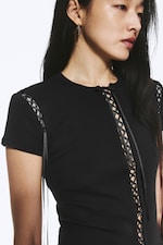 Noir - T-shirt côtelé à liens croisés - 2