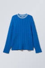 Blue - Oversized Cable Knit Sweater - 4