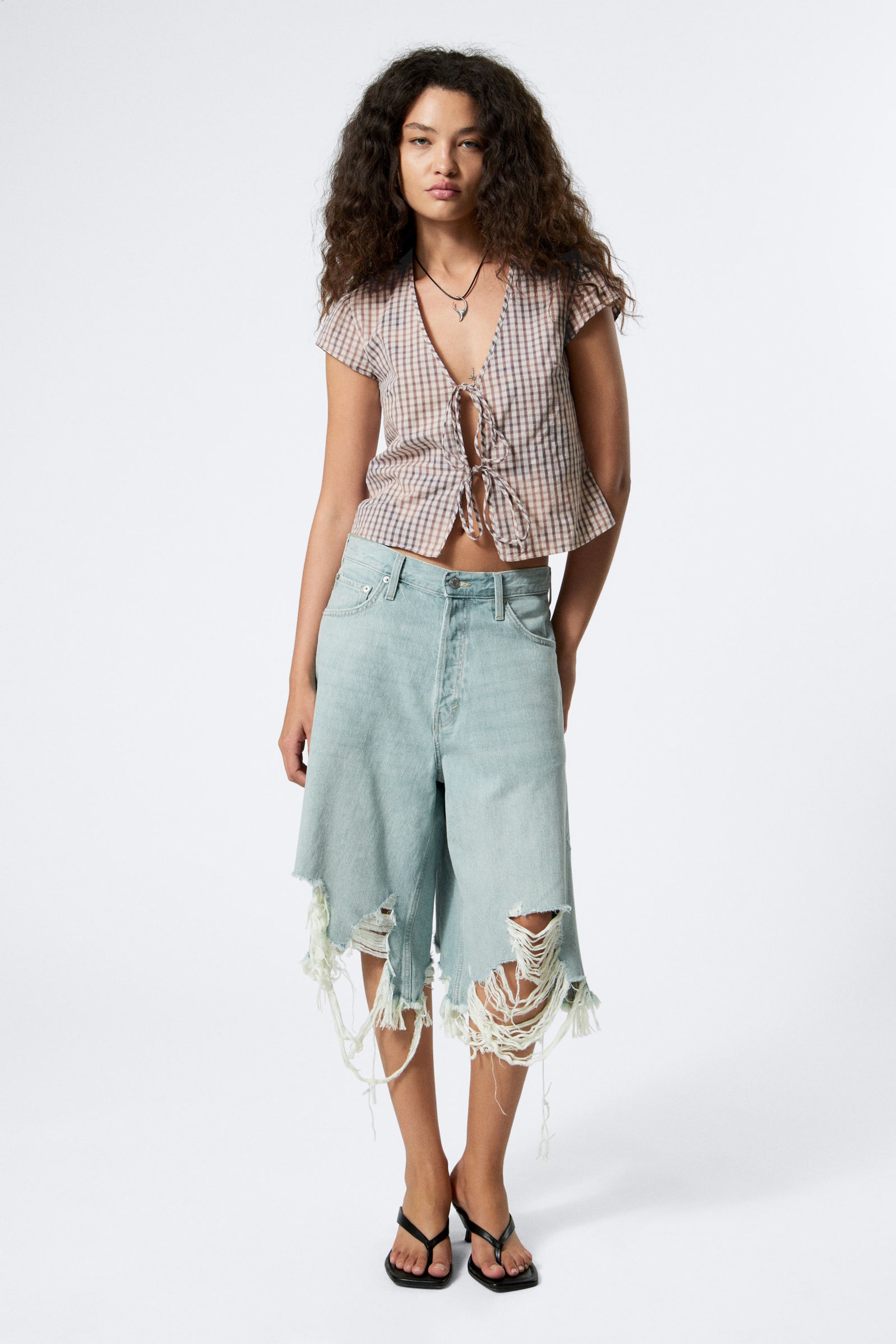 Checked Blue - Bleach Effect - Tie-Front V-neck Cotton Blouse - 2