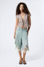 Checked Blue - Bleach Effect - Tie-Front V-neck Cotton Blouse - 2