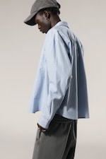 Checked Blue - Boxy Long-Sleeved Cotton Poplin Shirt - 0