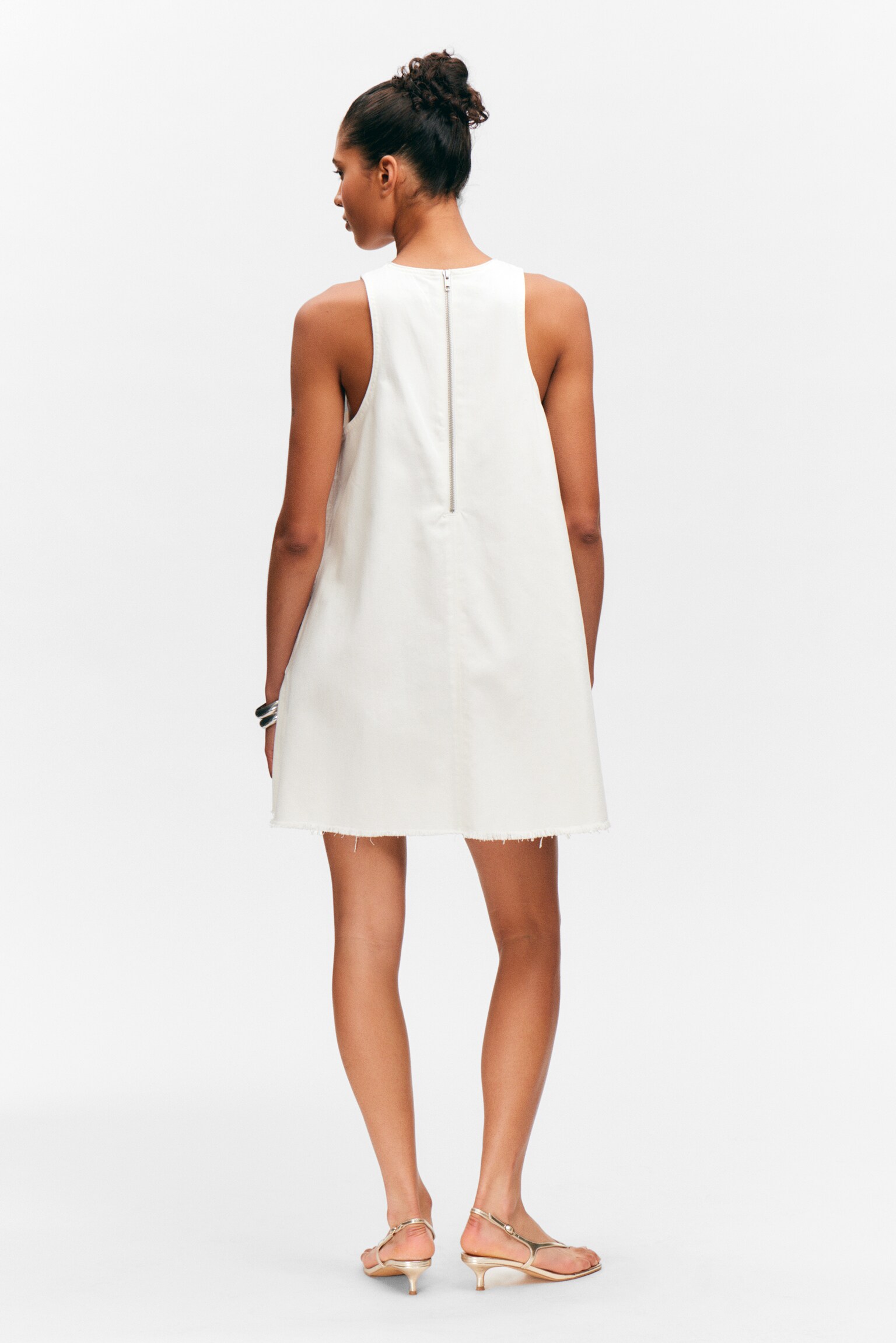 Sleeveless Cotton Twill Mini Dress - White/Washed Dark Brown/Washed Kahki Green - 4