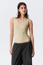 Light Beige - Ribbed V-neck Tank Top - 0