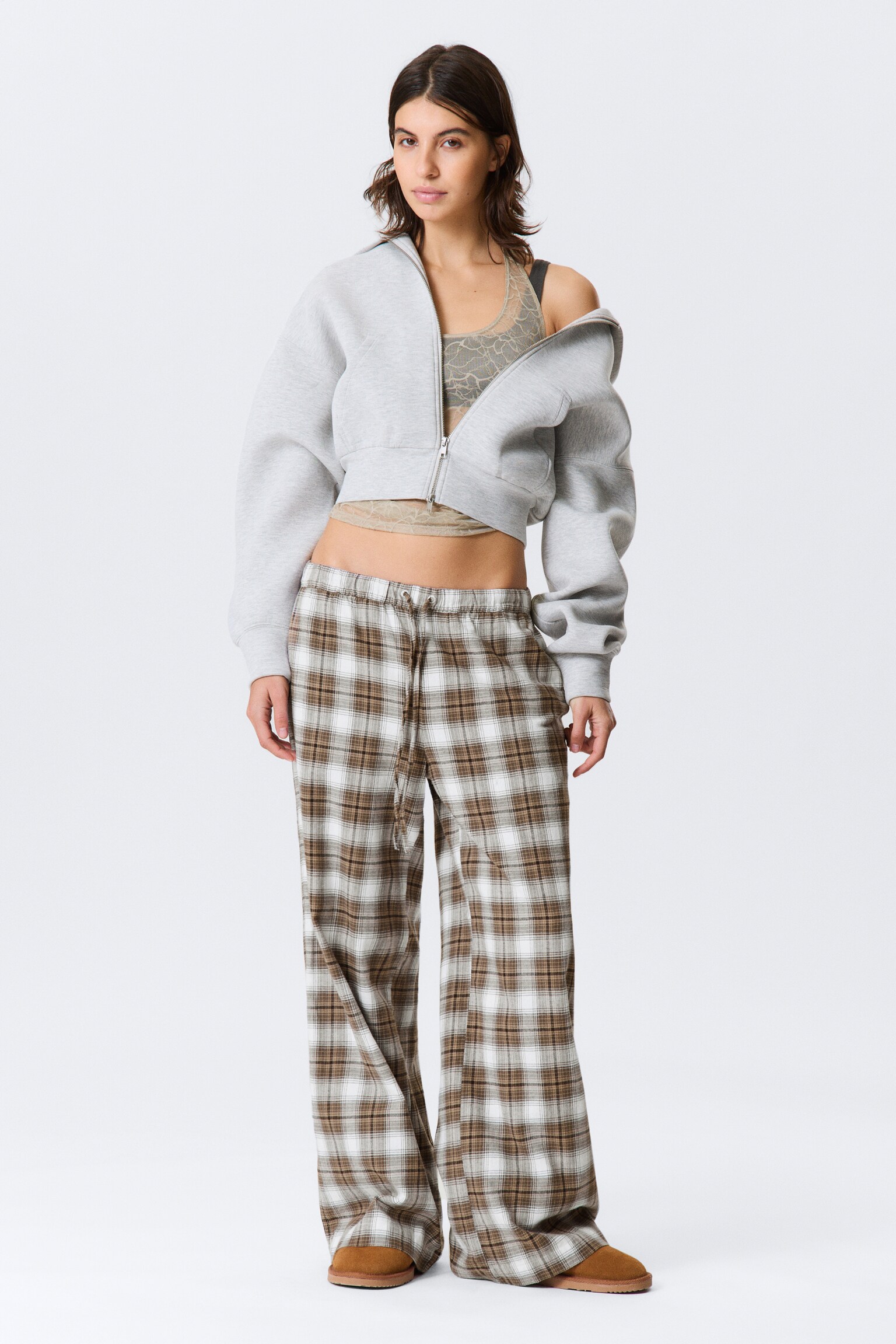 Wide Flannel Pyjama Trousers - Checked Beige/Checked Dark Brown - 1