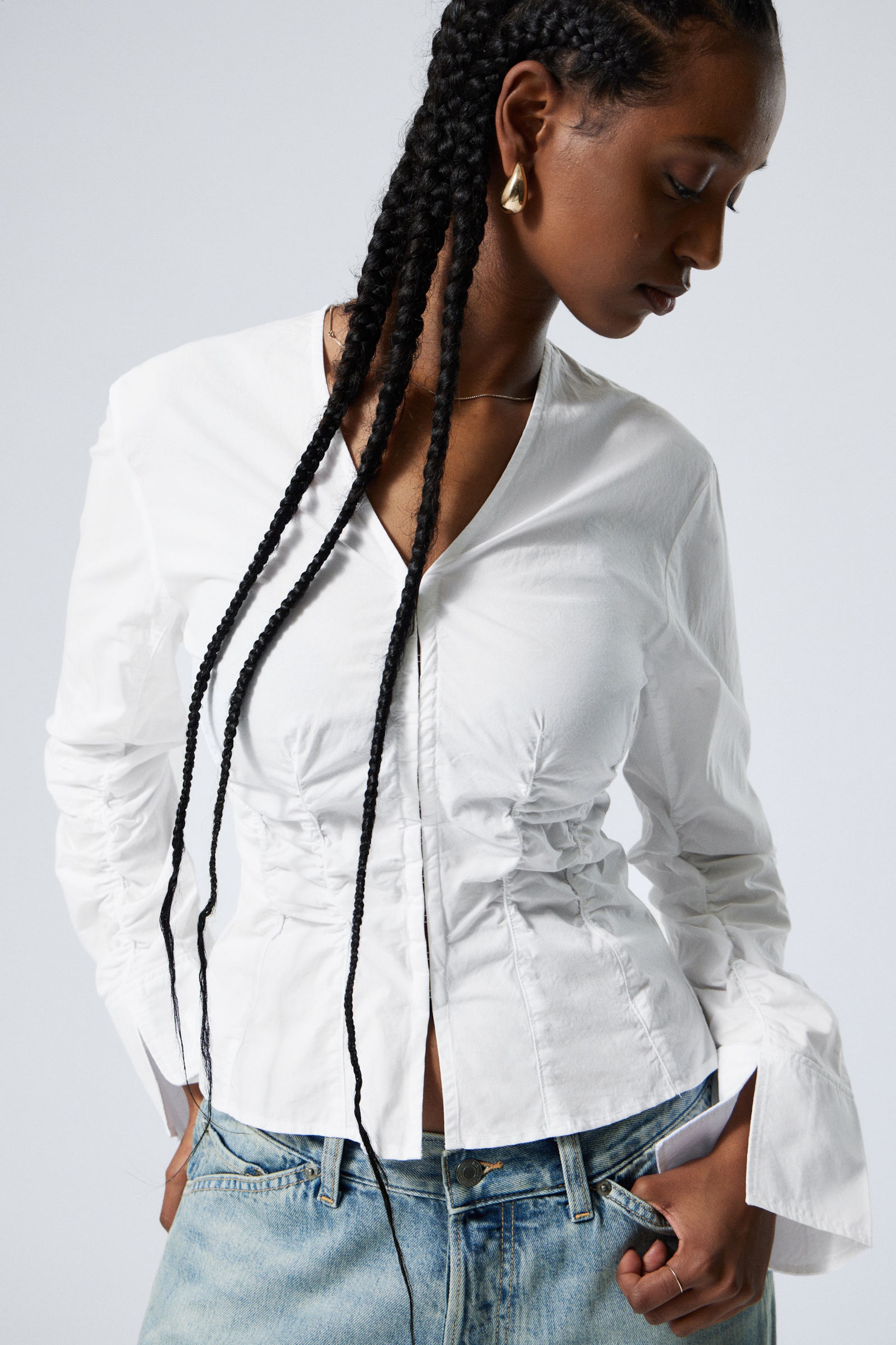 White - Gathered Poplin V-neck Shirt - 1