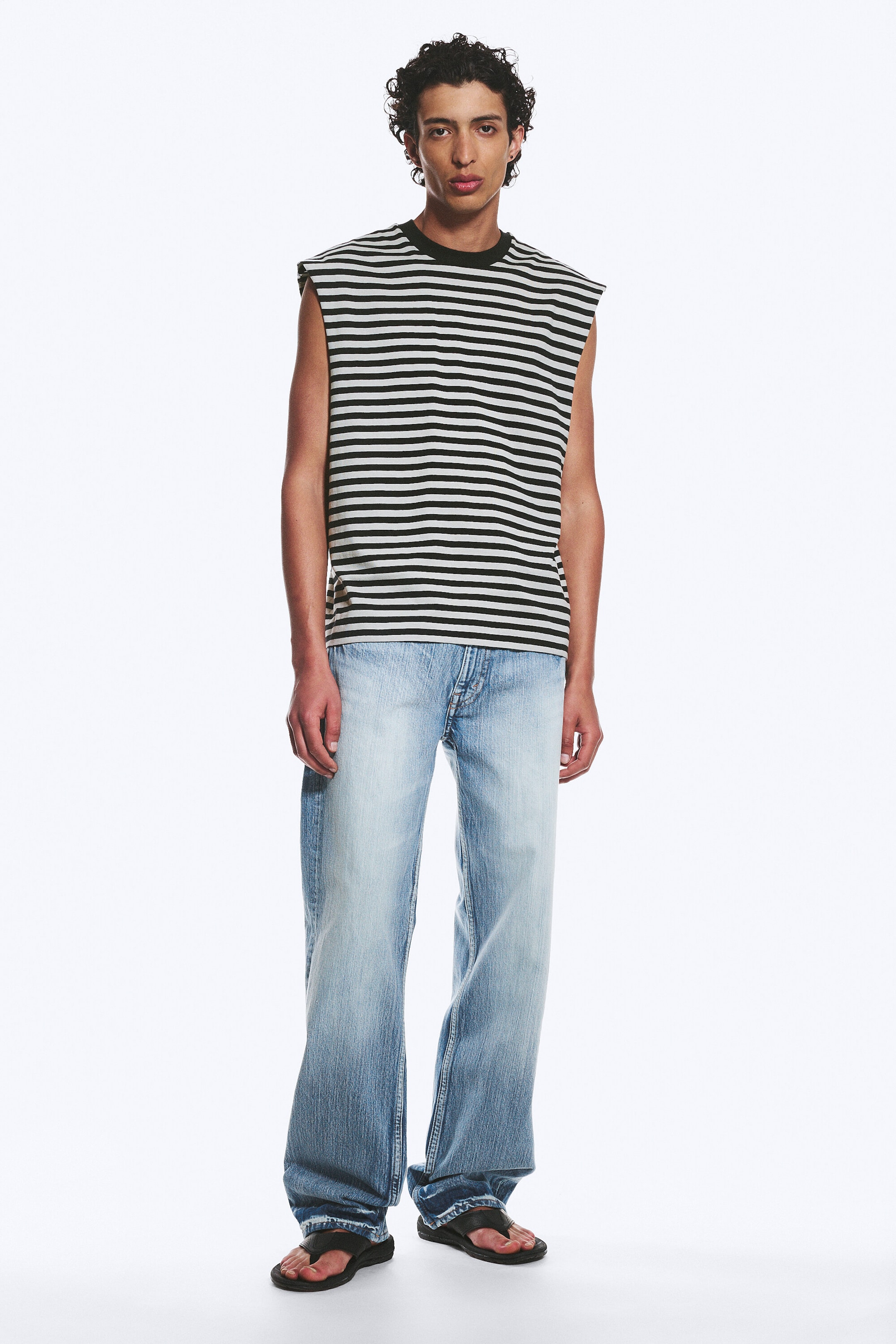 Grau/Schwarz gestreift - Lockeres, quadratisches Baumwoll-Tanktop - 2