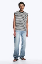 Grau/Schwarz gestreift - Lockeres, quadratisches Baumwoll-Tanktop - 1