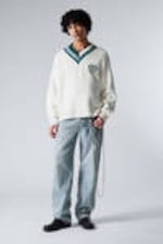 Dusty White - Century Fielder - Oversized Knitted Graphic V-neck Sweater - 1