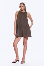 Washed Dark Brown - Sleeveless Cotton Twill Mini Dress - 0
