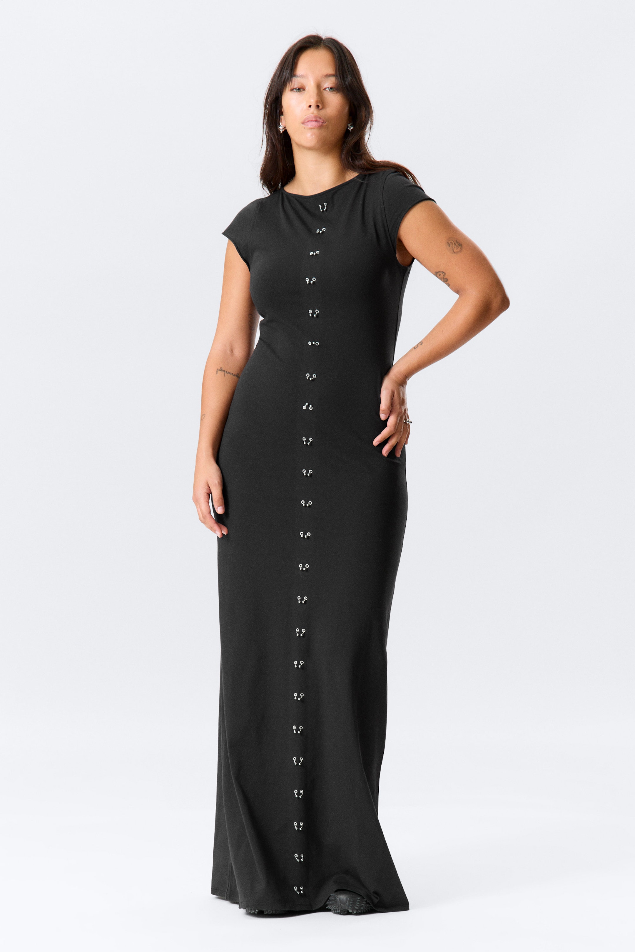 Black - Pierced Short-Sleeved Maxi Dress - 1