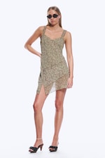 Dimmig Khakigrön - Flower - Asymmetrisk slipklänning - 0