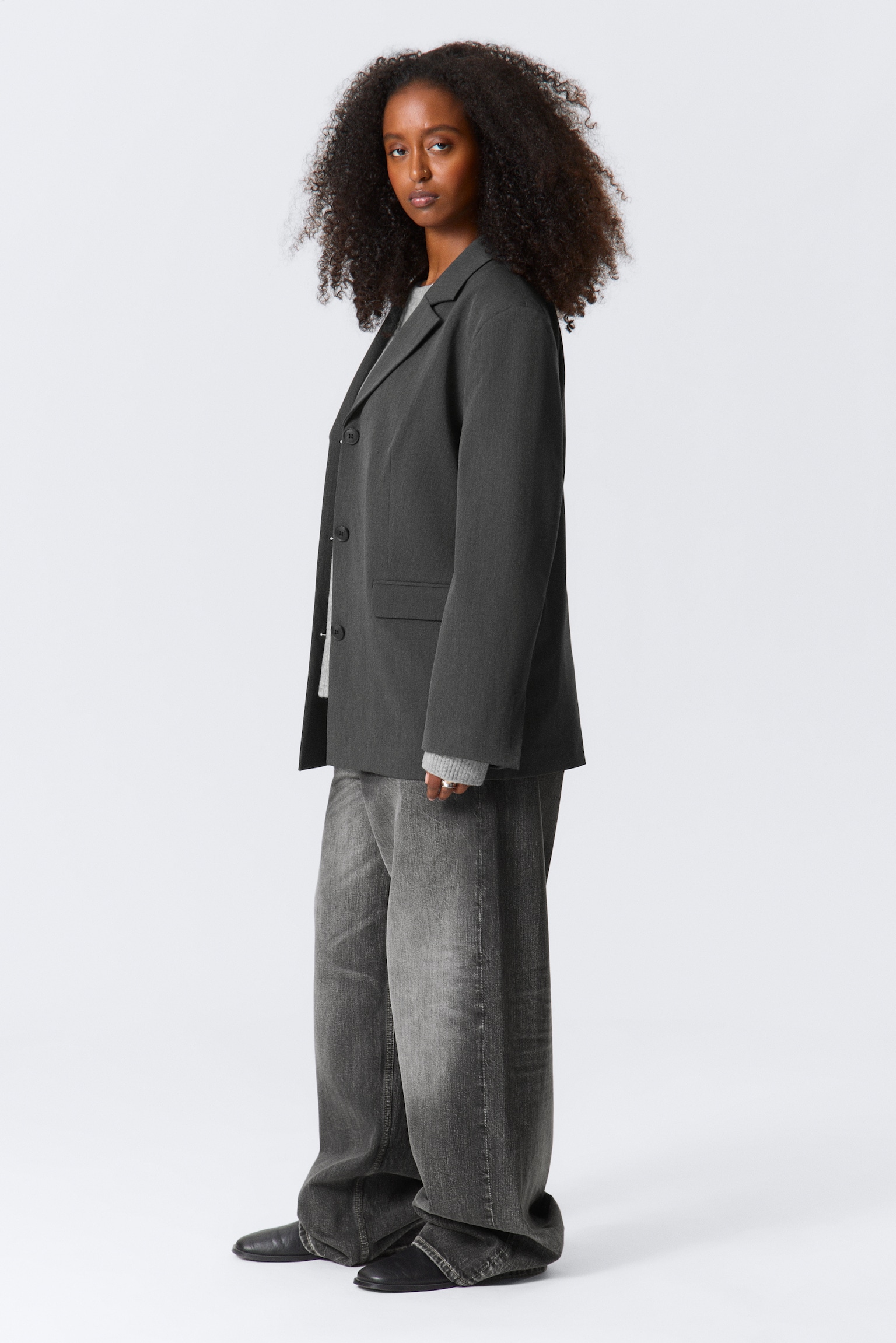 Draped Suiting Blazer - Dark Grey Melange - 3
