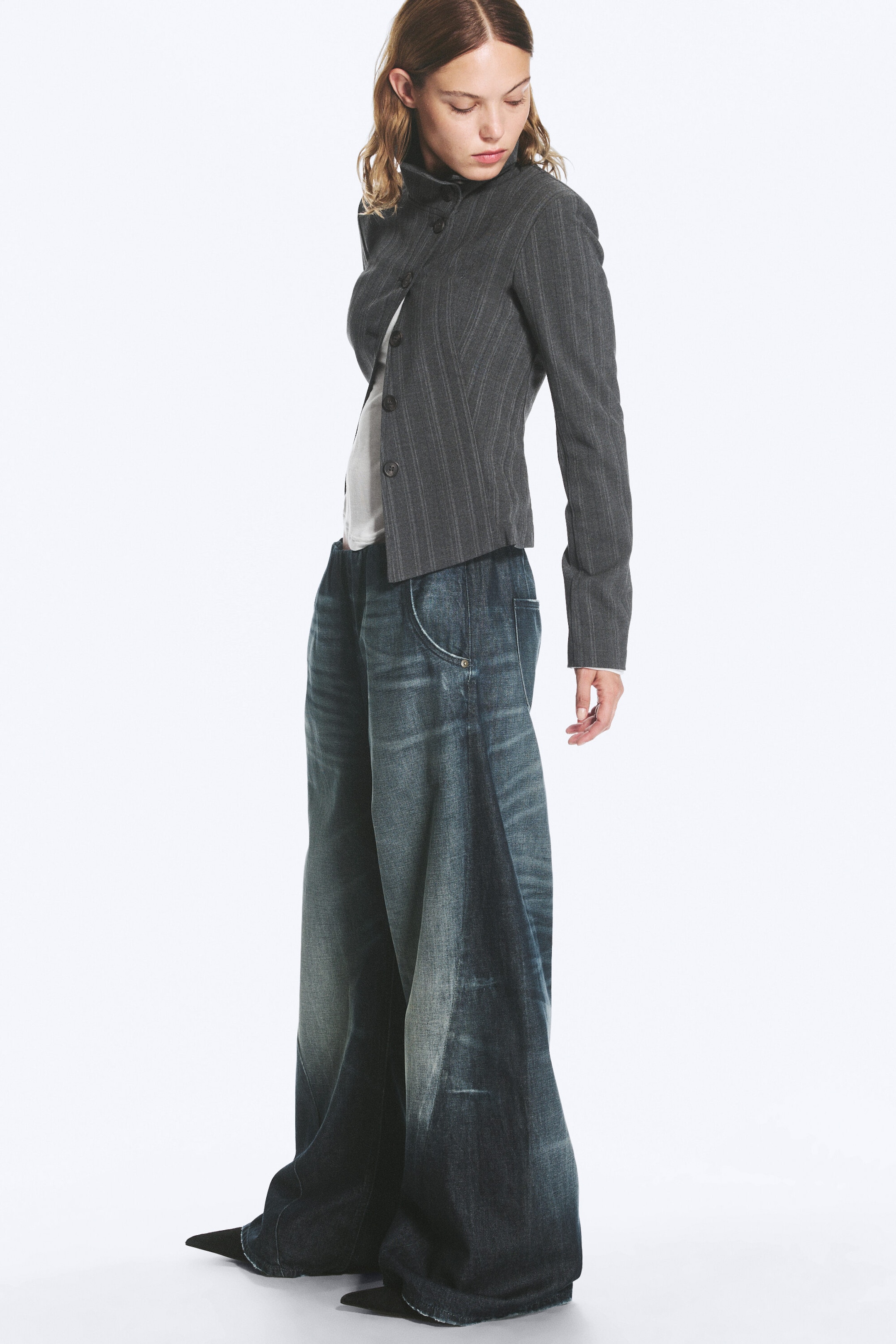 Bleu moyen - Bleu foncé - Jogging en denim ample taille basse - 1