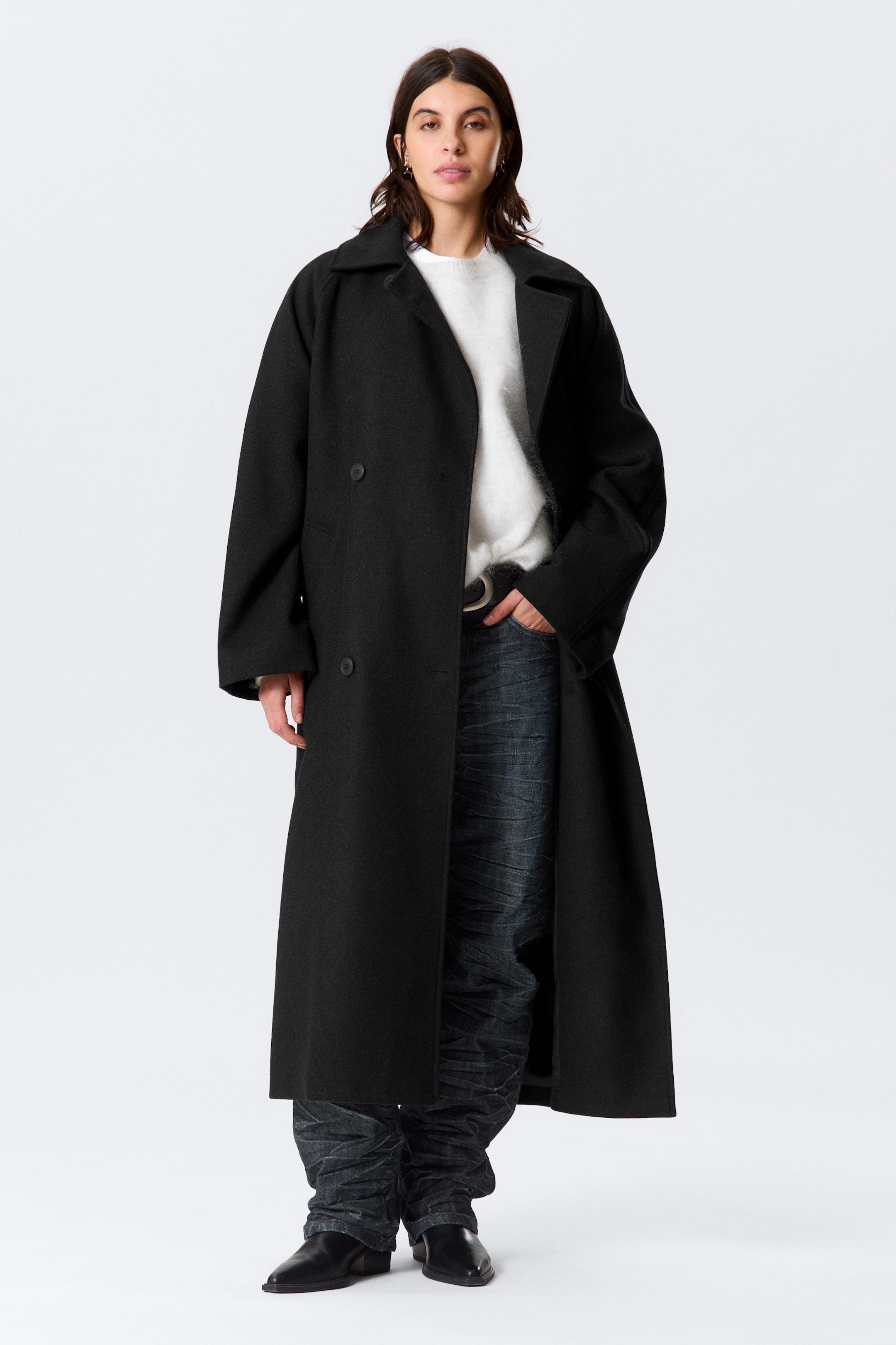 Black Melange - Kia Oversized Wool-Blend Double-Breasted Coat - 2