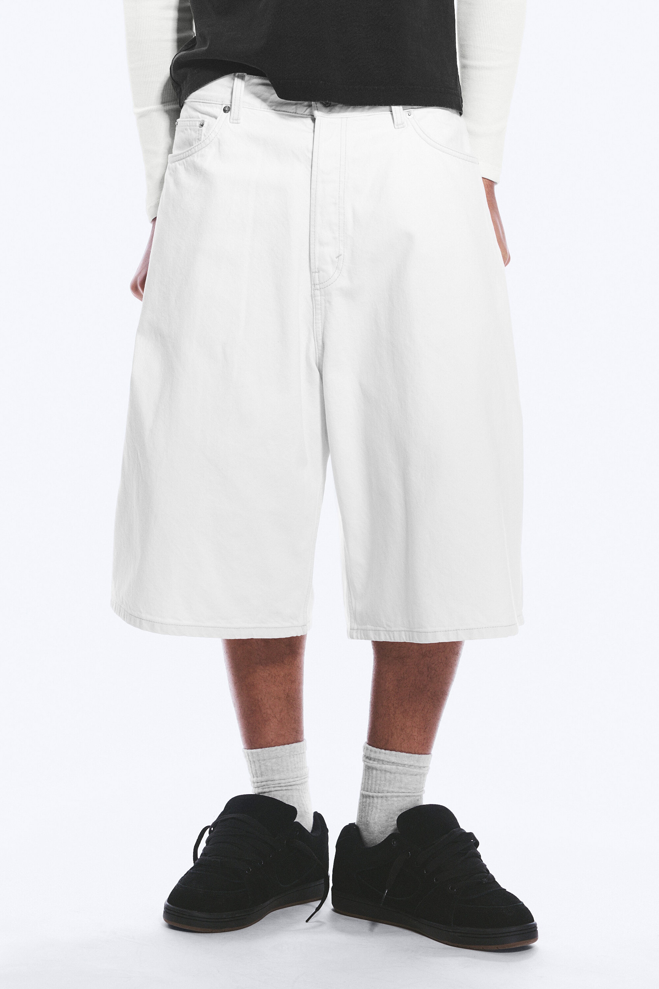 Dirty White - White - Void Mid Rise Loose Long Denim Shorts - 1