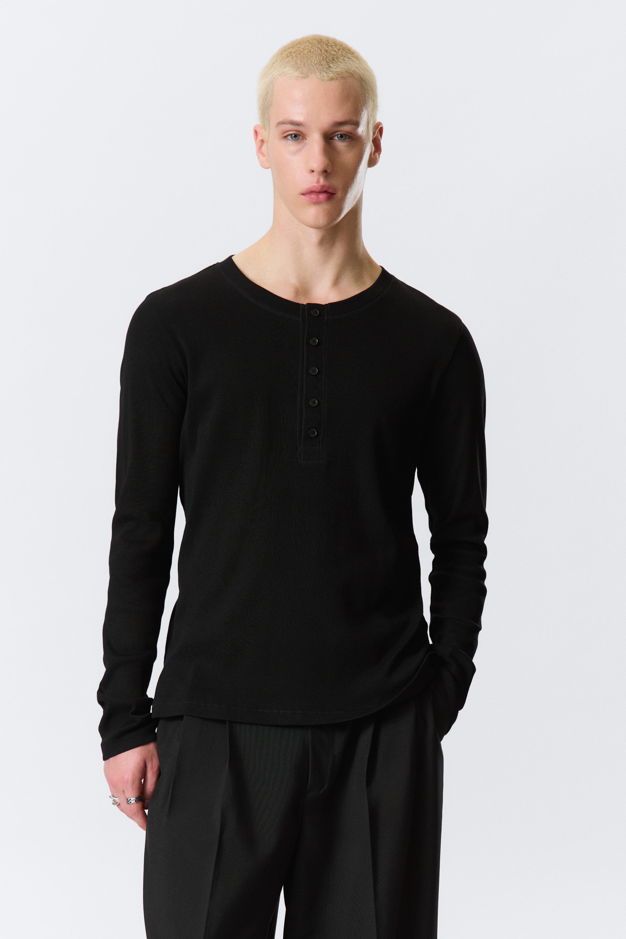 Black - Long-Sleeved Henley T-shirt - 1