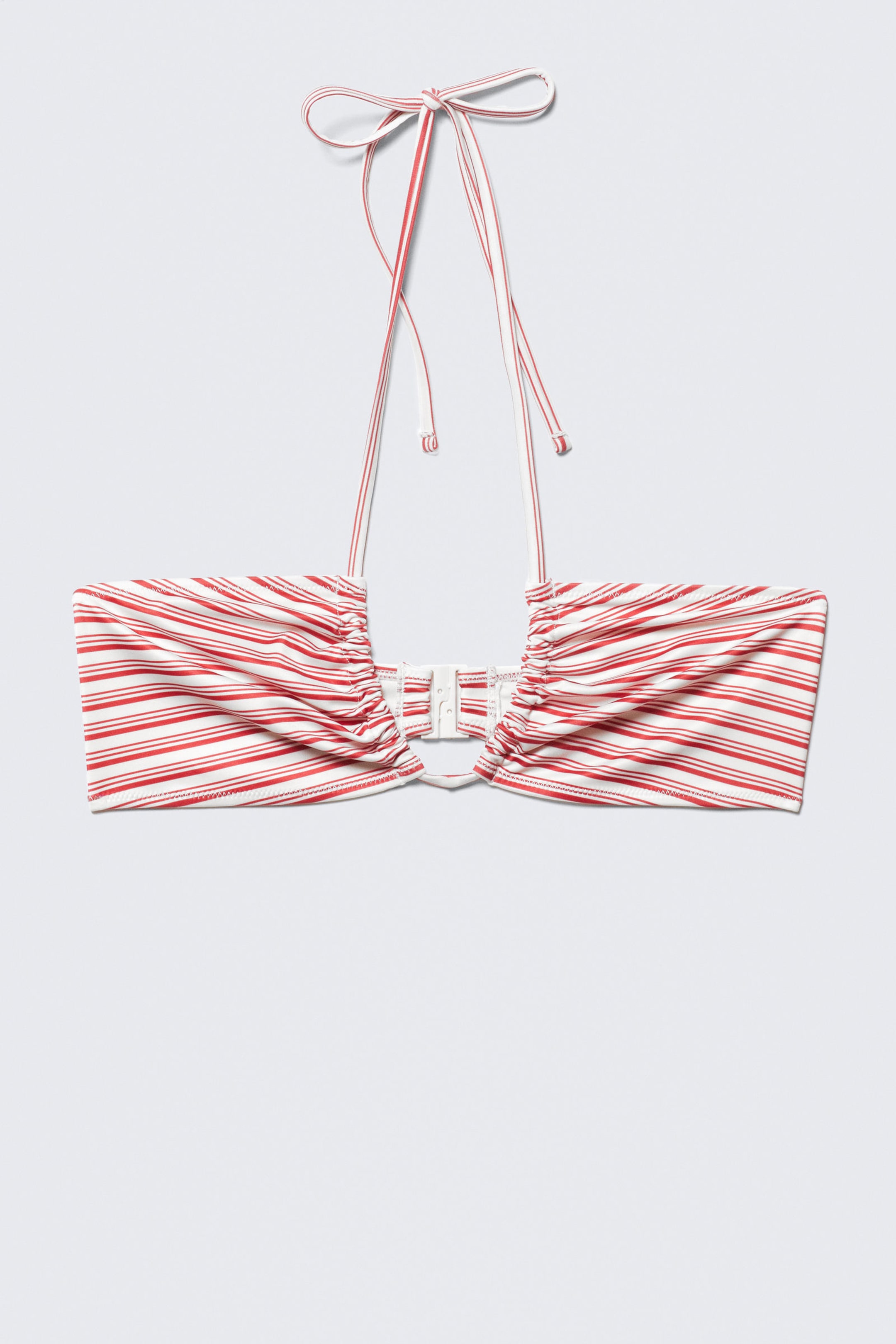 Rote Multi-Streifen - Bedrucktes, gerafftes Neckholder-Bandeau-Bikini-Top - 4