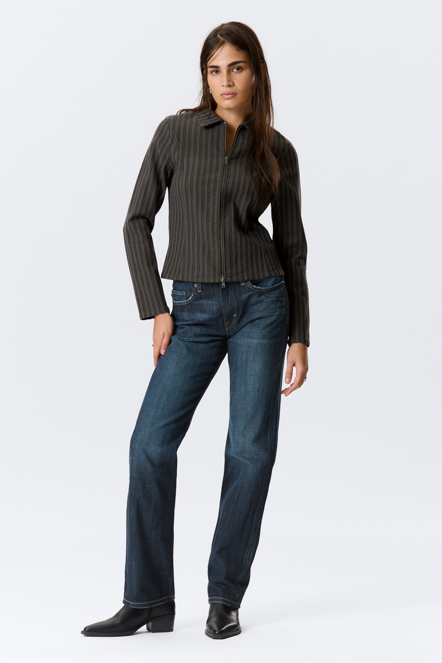 Veste zippée ajustée en velours côtelé - Gris foncé rayé/Velours côtelé marron - 1
