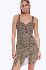 Dusty Khaki Beige - Dark Flower - Asymmetric Slip Dress - 0