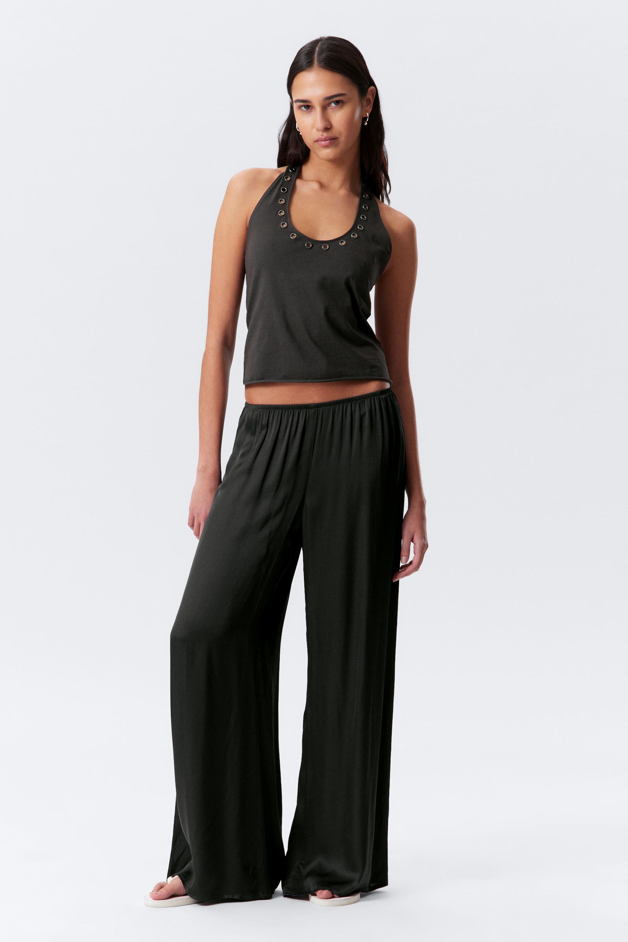 #3A3A3D - Draped Wide-Leg Satin Trousers - 1