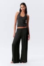 Dark Grey - Draped Wide-Leg Satin Trousers - 0