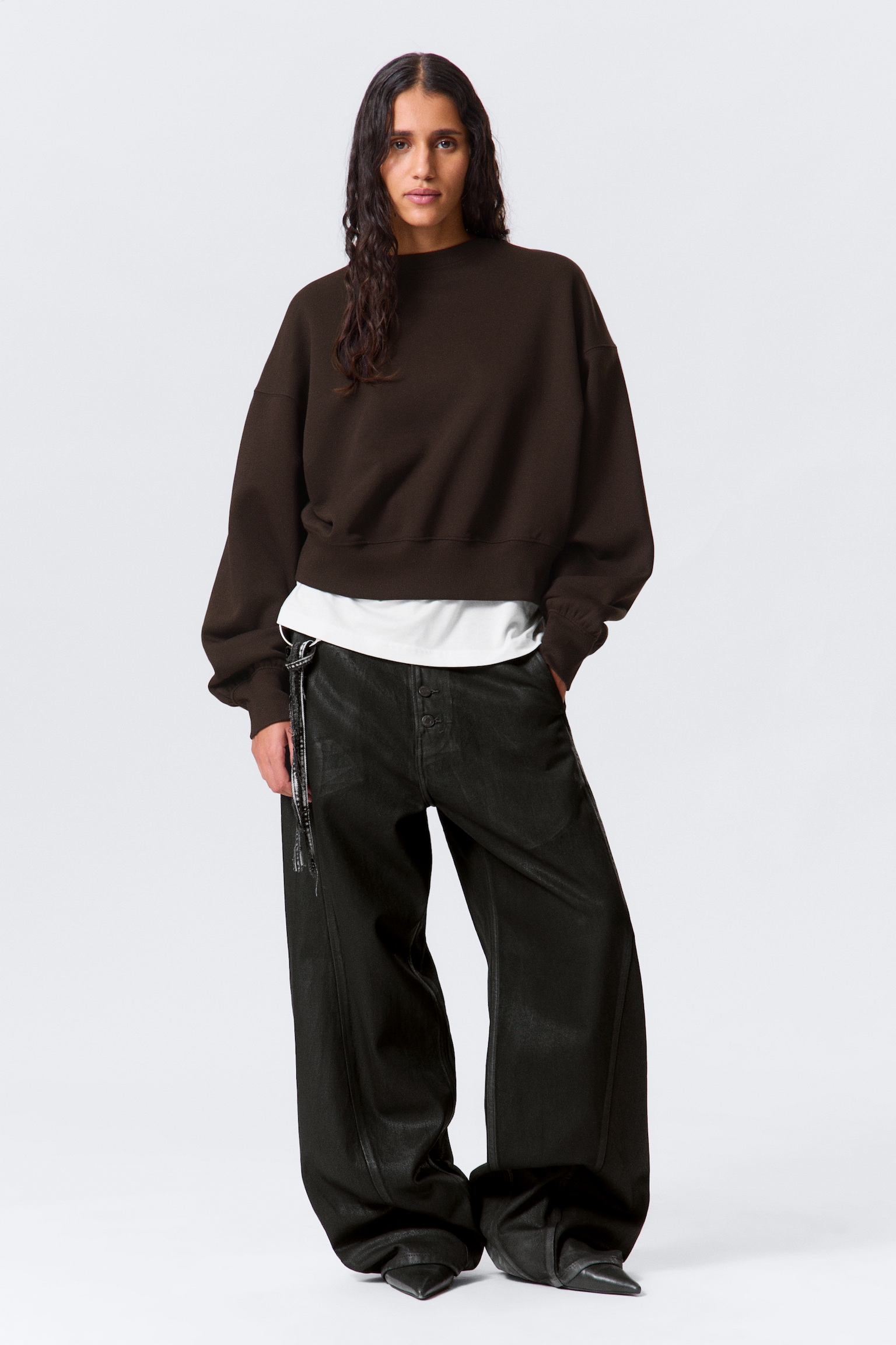 Oversized Crewneck Sweatshirt - Dark Brown/Grey Melange - 3