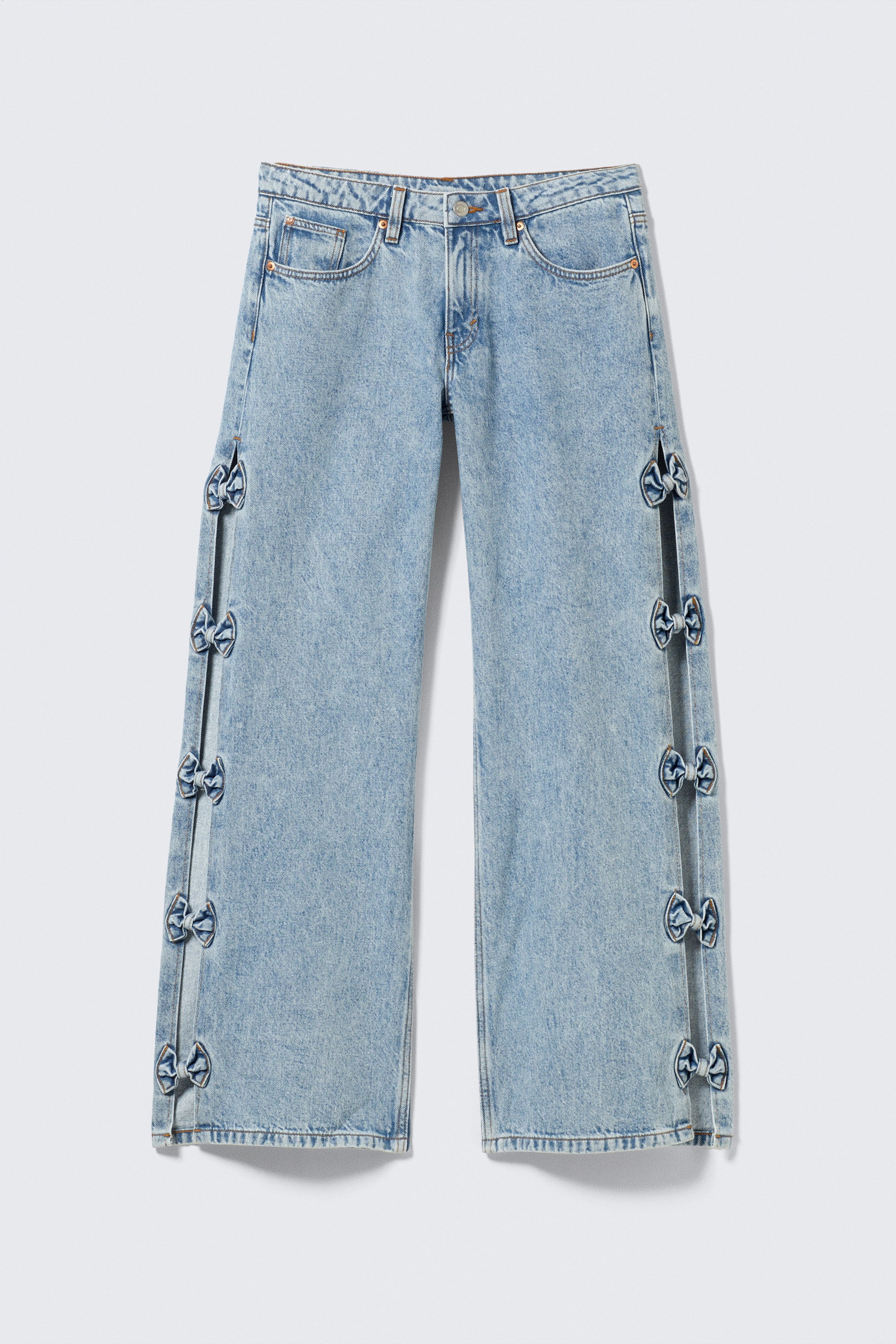 Mid Blue - Medium Blue - Imoo Low Rise Wide Leg Bow Jeans - 1