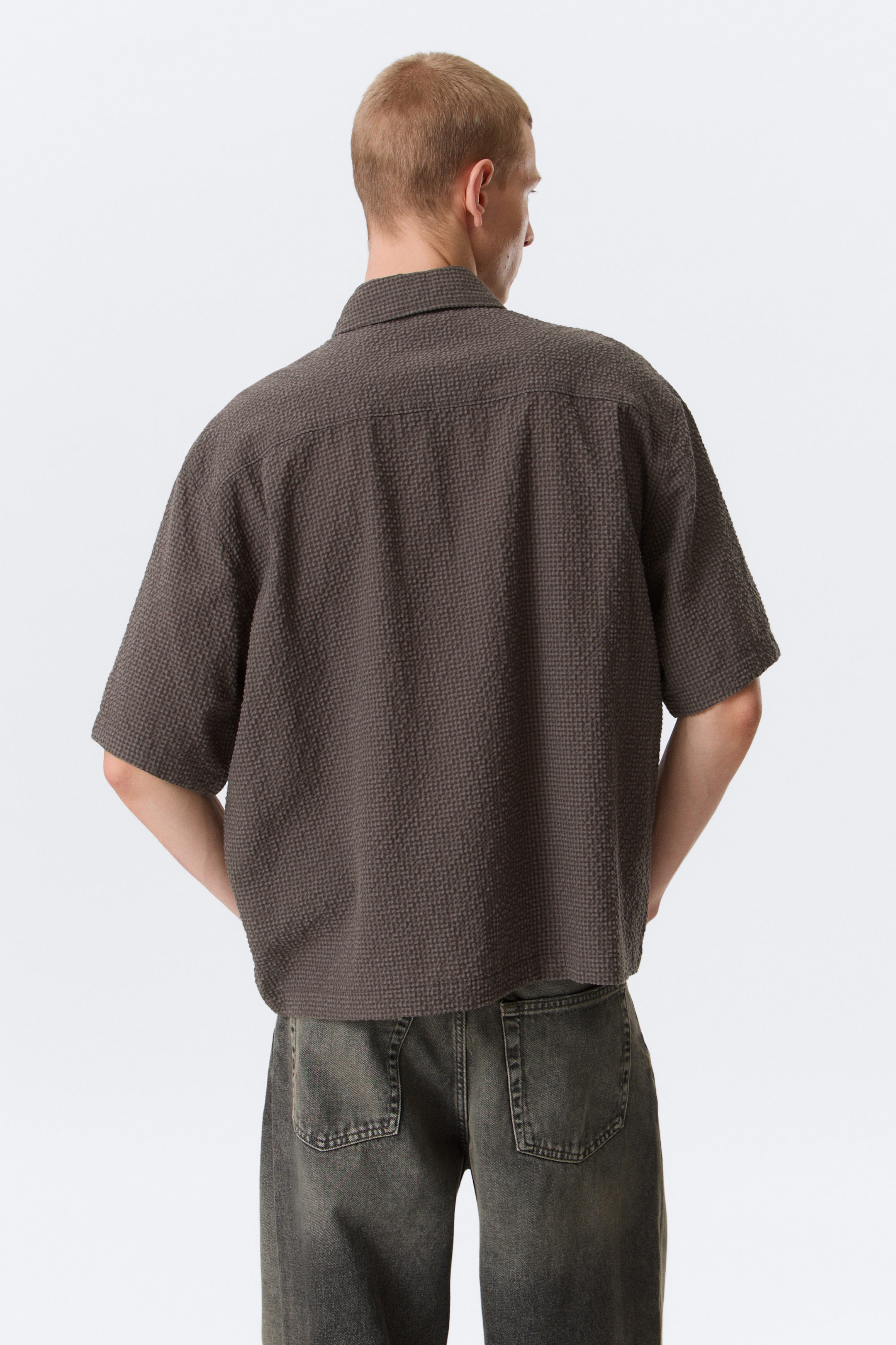 Checked Brown - Relaxed Fit Short-Sleeved Cotton Shirt - 3
