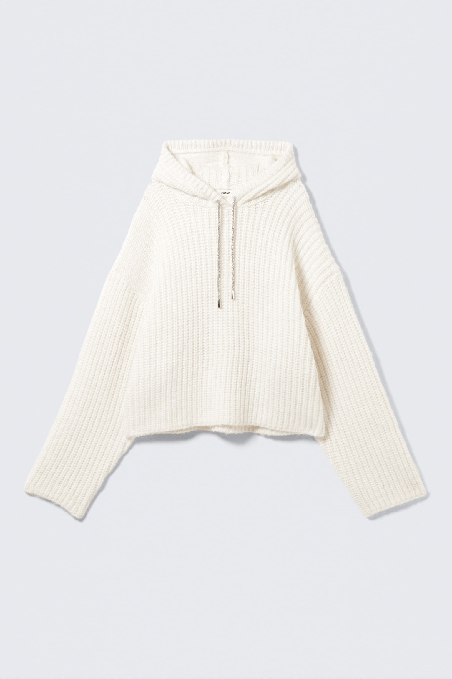 Knitted Drawstring Hoodie - White - 2