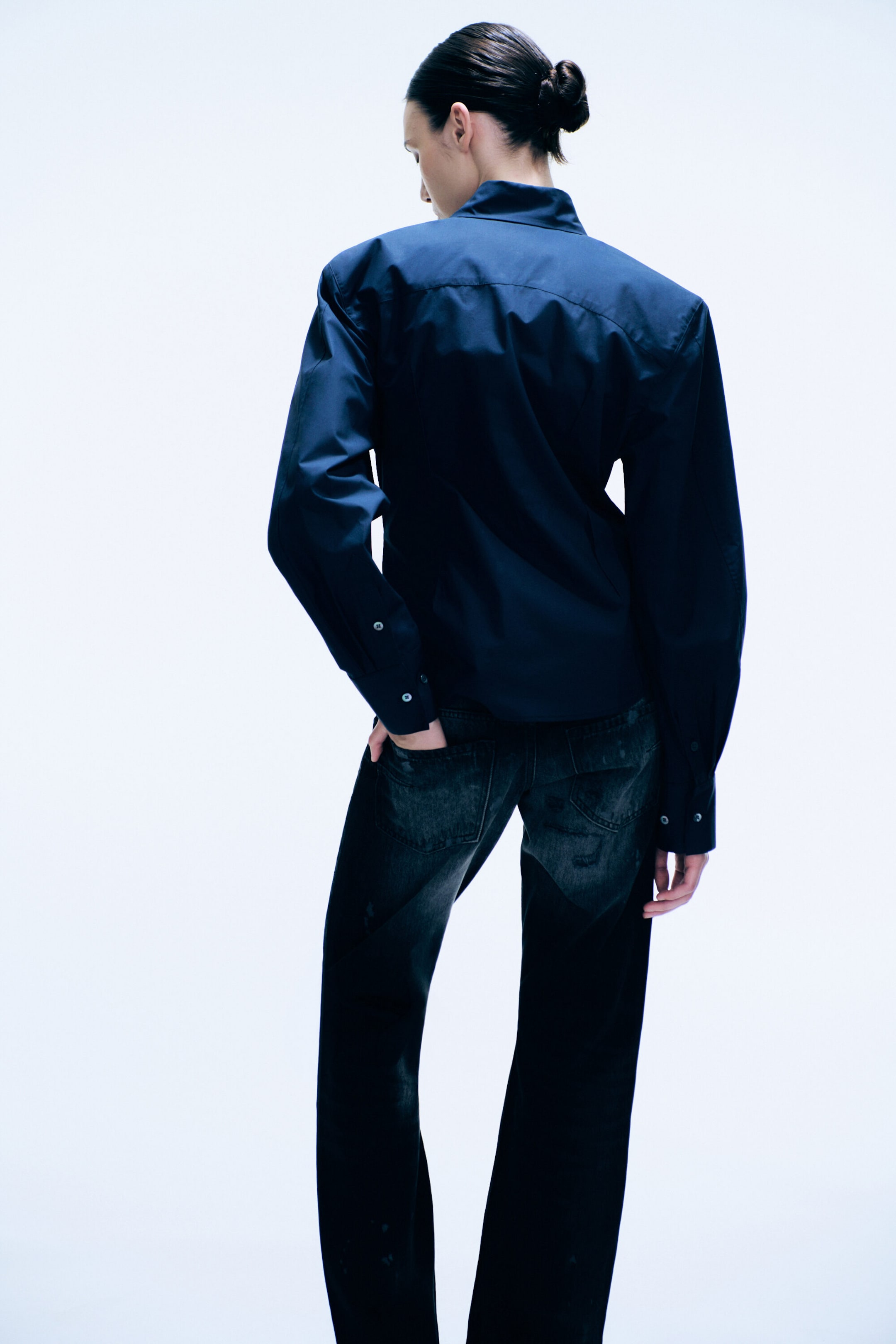 Dark Navy Blue - Waisted Cotton Shirt - 3