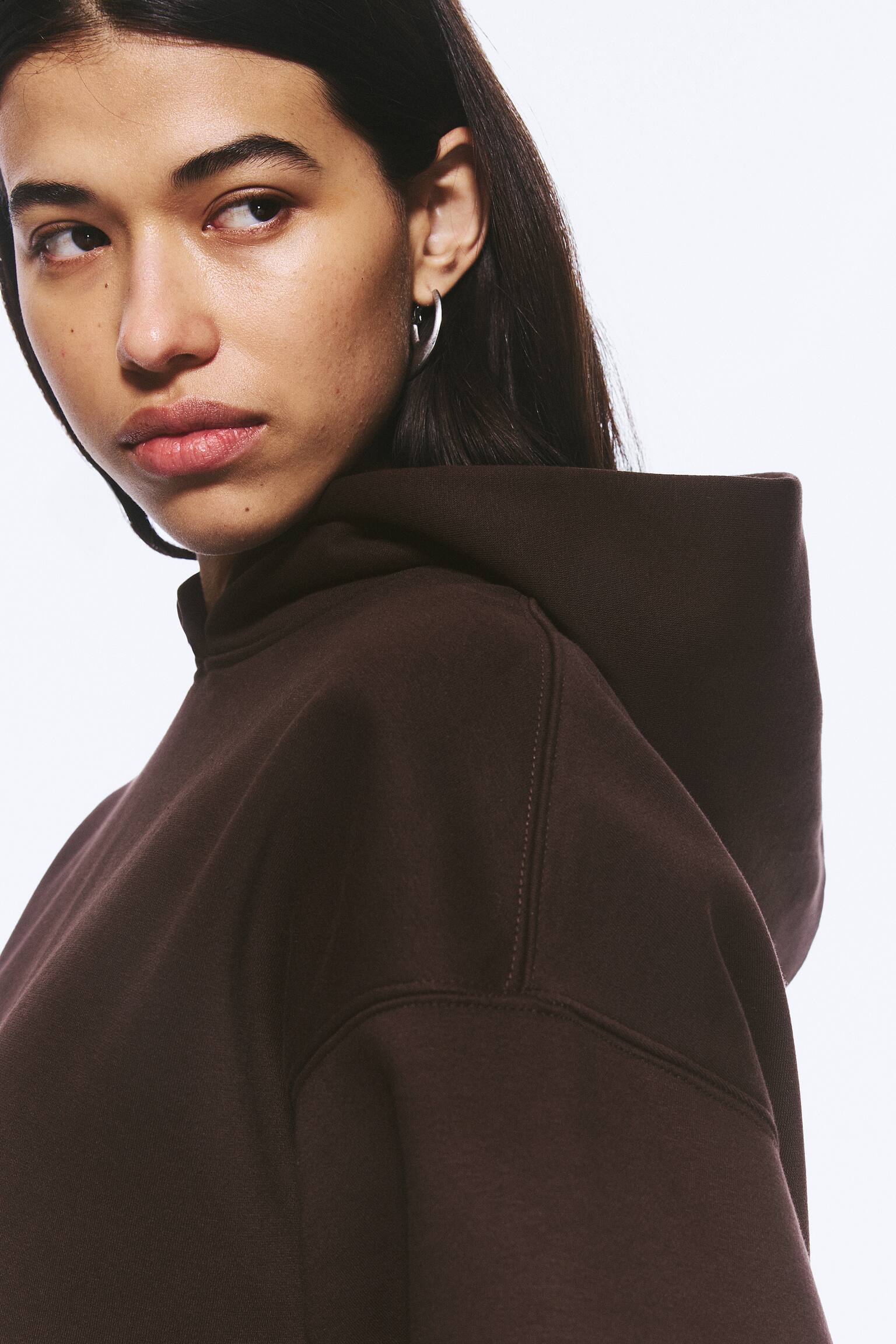 Felpa oversize pesante con cappuccio-Marrone scuro - 4